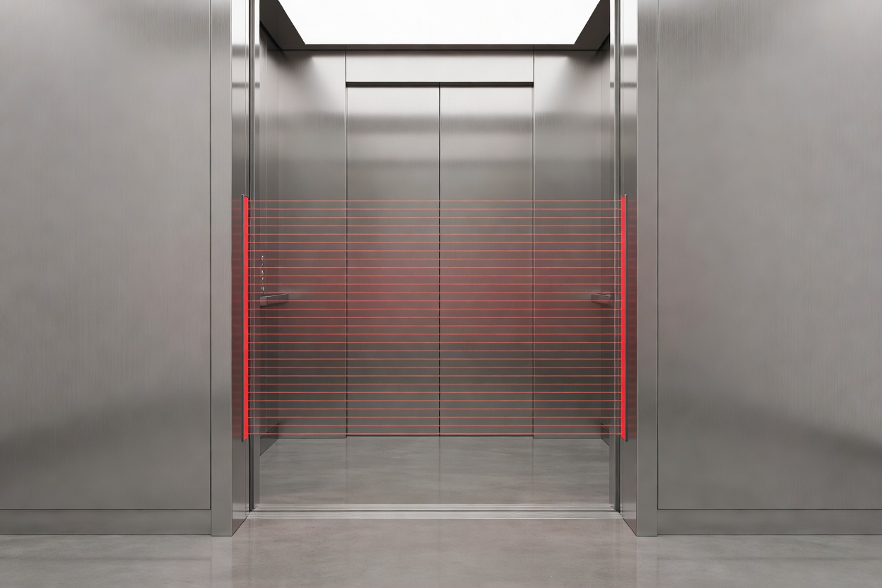 Architectural elevator landing entrance with multi-beam infrared door curtain sensors