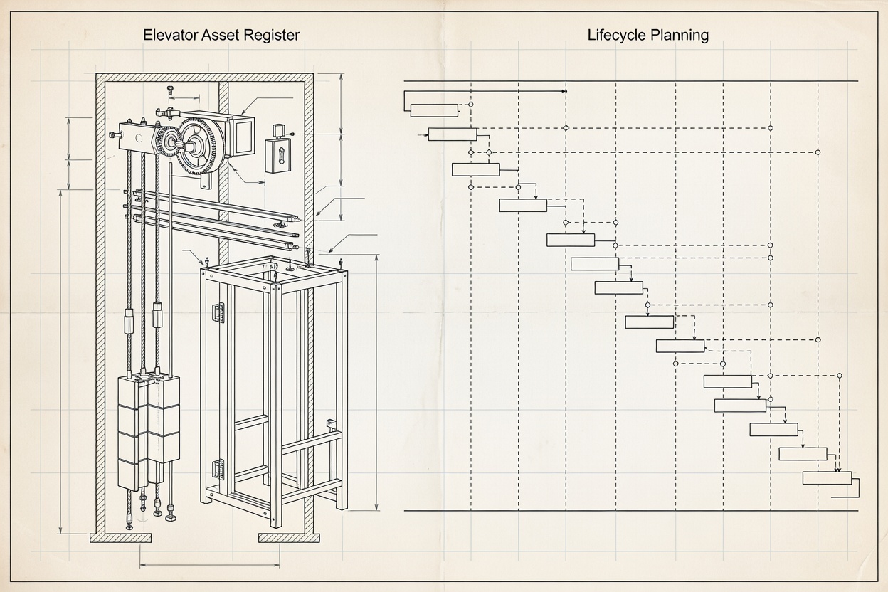 Facility management blueprint detailing elevator asset register and lifecycle planning
