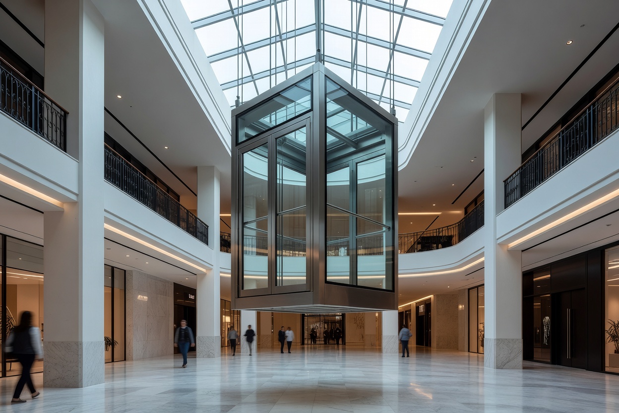 Modern panoramic glass elevator cabin operating within a contemporary European commercial atrium