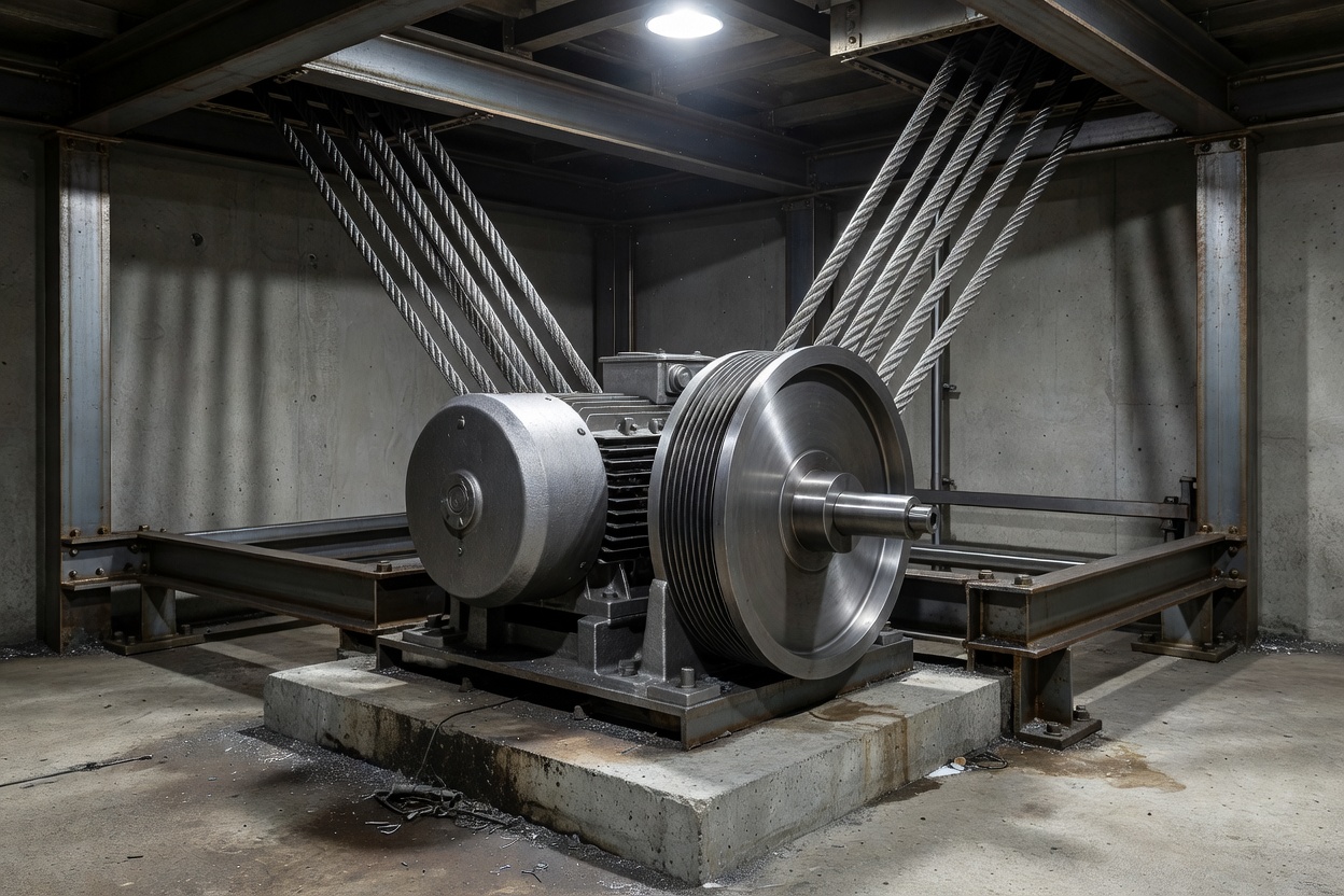 Precision lift drive mechanism and tension cables in machine room
